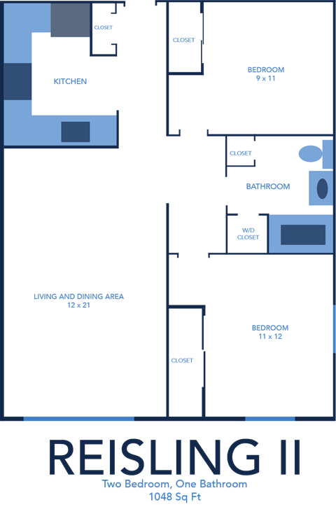 2 bed 1 bath A Reisling Floor Plan at Centerpointe Apartments, Canandaigua, NY